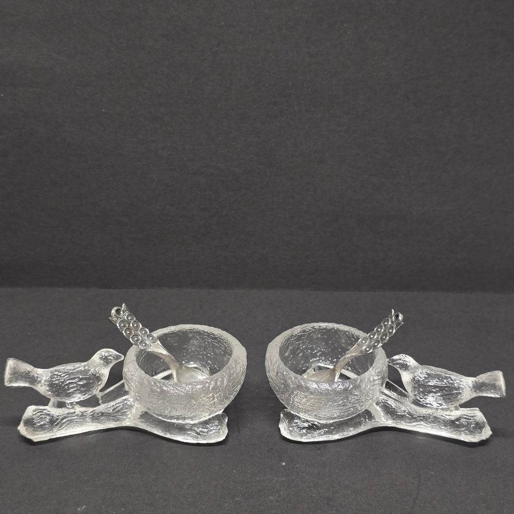 Lindshammar Fåglavik Glasbruk Sweden 2 Crystal Salt Cellars w Birds & Spoons NEW